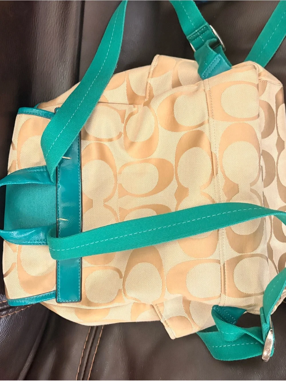 Coach Beige Signature Canvas Backpack with Teal Trim